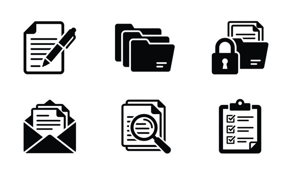 Document management icons a collection of black glyphs representing files folders security and correspondence