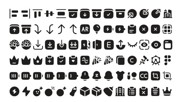 Arrangement of modern black icons for digital interfaces and applications with collection application interface internet