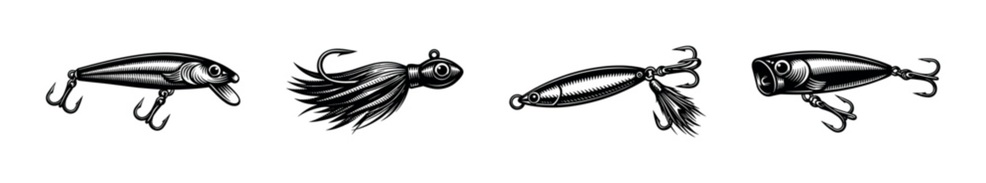 Vector illustration of fishing lures silhouette set, including popper and jig designs, black and white elements