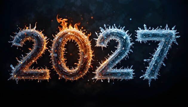  The number 2027 split into two halves, one side made of burning fire and glowing embers, the other side formed from ice and frost crystals, dramatic contrast, dark background, cinematic lighting, ult