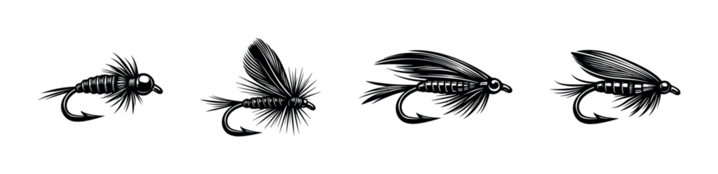 Black and white vector illustrations of fishing fly hooks silhouette art design