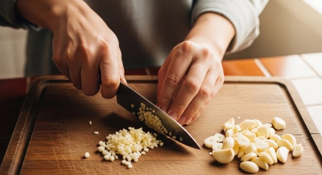 Closeup of hands chopping garlic on a wooden cutting board in a kitchen setting.