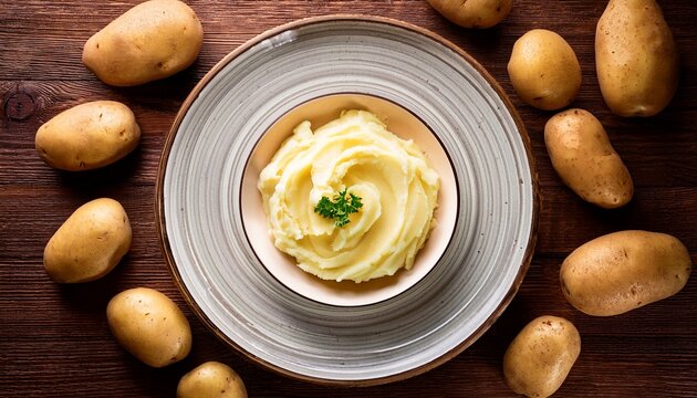 plate with mashed potatoes surrounded by potatoes top view