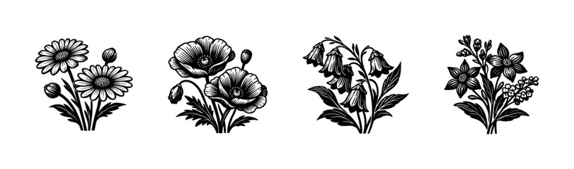 Black and white floral illustrations featuring poppies bellflowers daisies and lily of the valley © UnIcons