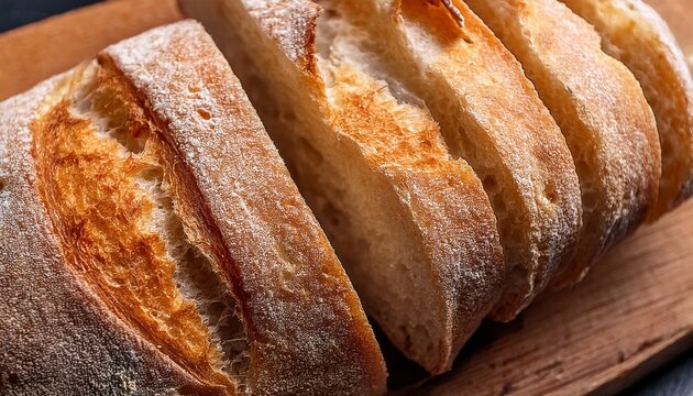 close up sliced ciabatta bread texture on wooden board panoramic food background rustic bakery detail