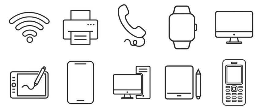 communication and technology icons set with digital devices wifi printer phone watch computer tablet smartphone isolated on transparent background