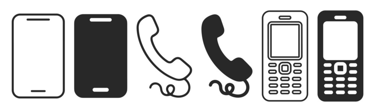 mobile phones and landline telephone handset icons isolated on transparent background