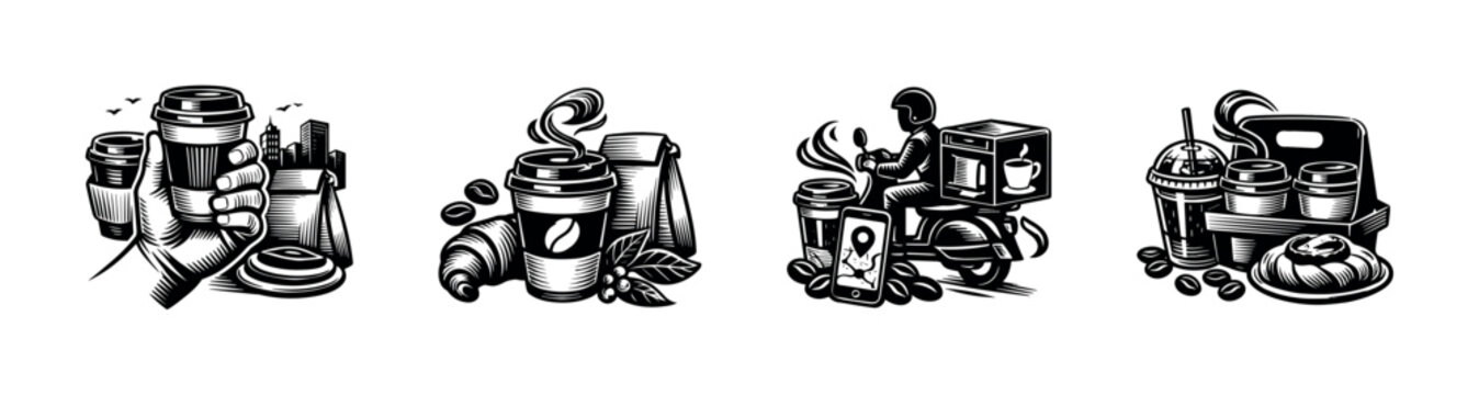 Coffee beverage illustrations with takeaway cups and snacks silhouette style vector art