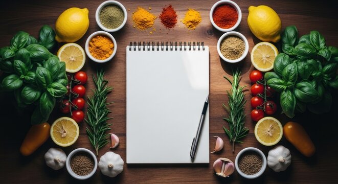 Culinary Composition A Vibrant Arrangement of Fresh Ingredients and Spices.