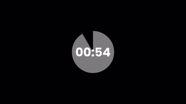 Digital countdown timer animation (60&ndash;0 seconds), transparent background, 4K video