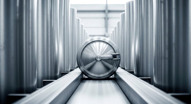 Industrial Conveyor System with Cylindrical Metal Objects in Production Line.