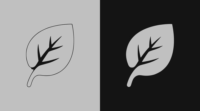 One Leaf Icon on Black and Grey Vector Backgrounds. This vector illustration includes two variations of the icon one in black on a light background on the left and another version in grey on a dark 