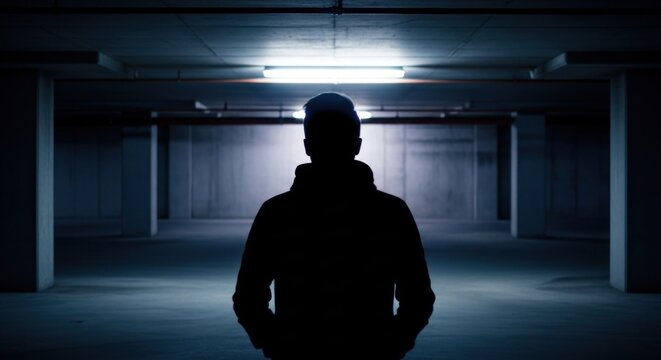 Silhouette of a Person Standing in a Dark Empty Parking Garage.