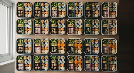 Obraz premium Sushi Platter Displayed in Rows Variety of Rolls Ready to Eat Delicious Meal.