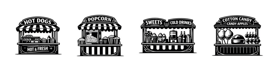 Naklejka premium Vintage food stall illustrations, popcorn, cotton candy, hot dogs, sweets, black and white vector