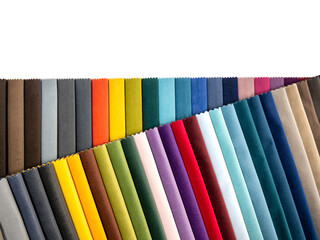 Naklejka premium Vibrant fabric swatches in rich hues, perfect for design projects. Colorful textures arranged neatly for creative inspiration. Ideal for fashion