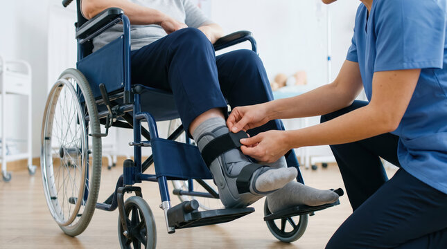 A nurse helps a patient in a wheelchair by adjusting an ankle brace. The setting is a healthcare facility, and it is during a day shift. The nurse is focused on providing care