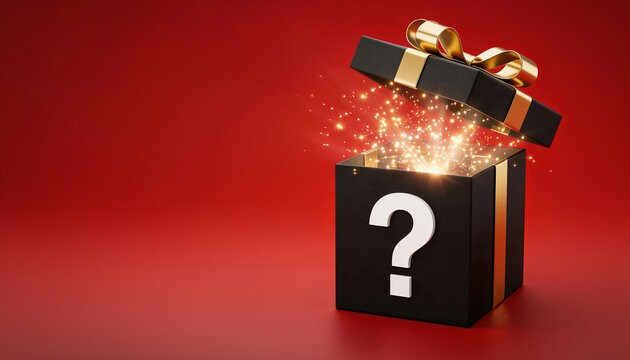 A black gift box opens with a question mark on its side. Sparkling lights burst out of the box against a red background, creating excitement and curiosity