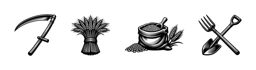 Vintage farming tools and harvest elements illustration featuring scythe shovel pitchfork wheat sheaf black and white vector © UnIcons