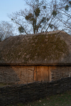 Ancient wattle barn with moss-covered thatched roof and wooden door