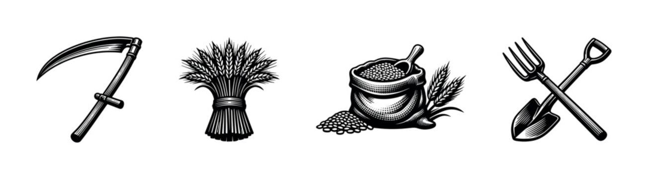 Vintage farming tools and harvest elements illustration featuring scythe shovel pitchfork wheat sheaf black and white vector