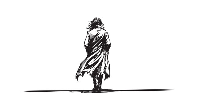 Lonely person walking, isolated figure, black and white illustration, minimalist design, vector artwork
