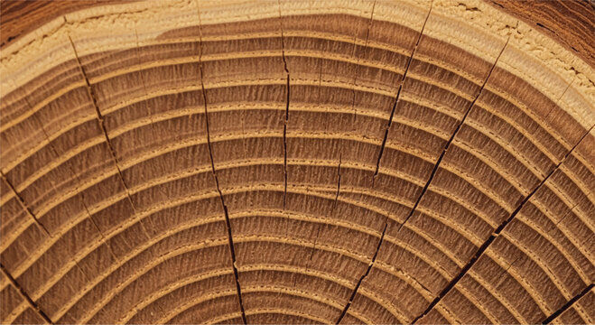 Wood grain cross section. Wood texture of cut tree. Closeup of tree trunk rings. 