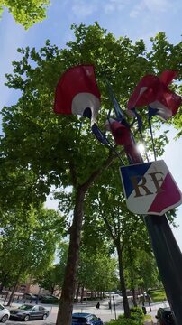 street lamp blue red white tricolor flags pole town square plane trees Albi France