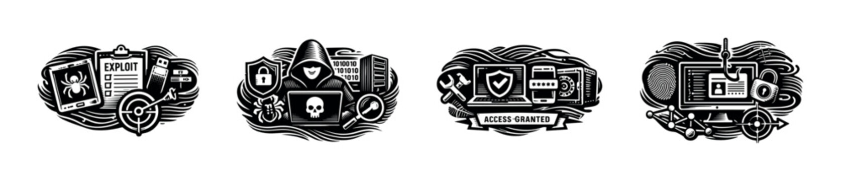 Cybersecurity threats and solutions illustrations with hacker and digital security elements in vector style