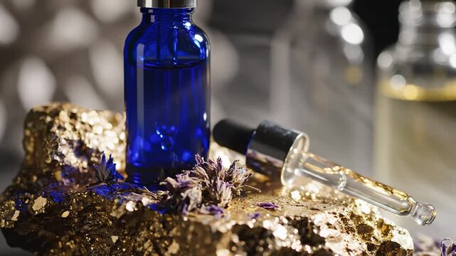 Luxurious Skincare Presentation featuring a blue dropper bottle and gold rock with lavender, ideal for beauty branding and wellness marketing.
