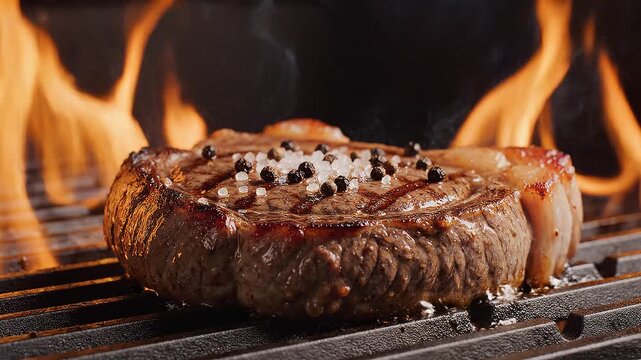 Premium Grilled Steak on Open Flame, Juicy Beef Cooking Over Fire with Natural Smoke, Gourmet BBQ Food Background, High Detail Texture, Culinary Photography, Restaurant Quality Presentation
