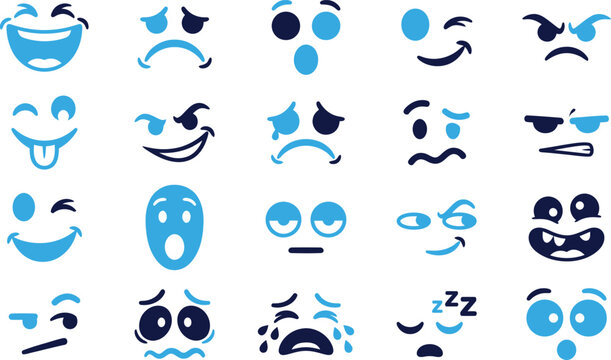 Set of diverse blue and dark blue cartoon facial expressions and emotions.
