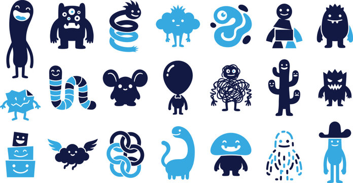 Array of blue and dark blue whimsical monster and object icons on white.