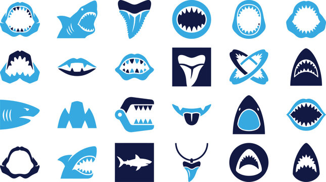 Collection of shark teeth and jaws icons set in blue and white color palette representing marine life.