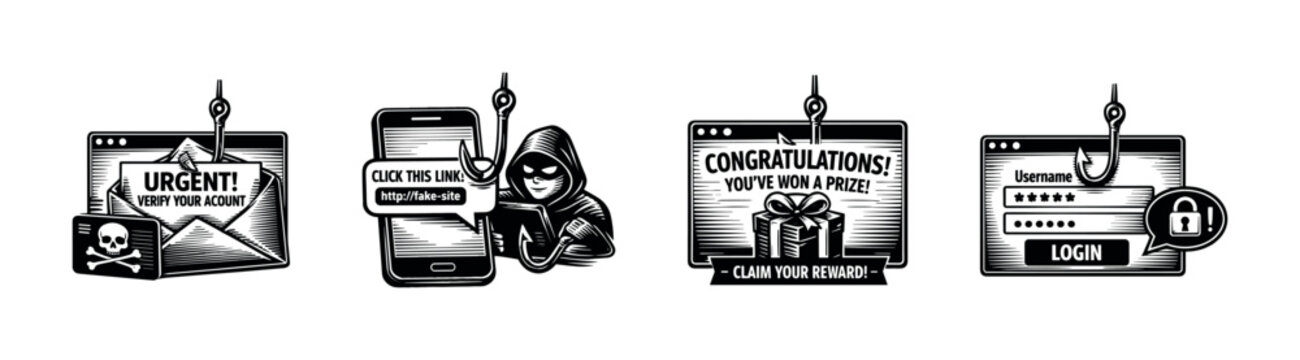Phishing scam warning illustrations, cybersecurity threat vector art, black and white design elements