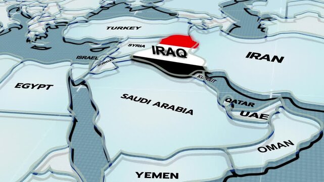 a stylized 3D map highlighting IRAQ, Middle East, IRAQ map, middle east countries, IRAQ, IRAQ Flag,