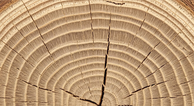 Wood grain cross section. Wood texture of cut tree. Closeup of tree trunk rings. 