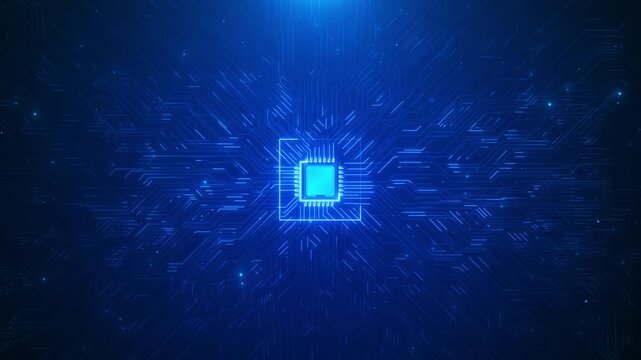 Blue microchip circuit glowing processor, electronic traces, dark tech space, digital network lines. Perfect for AI videos, hardware promos, software intros, cyber security, and technology overlays.