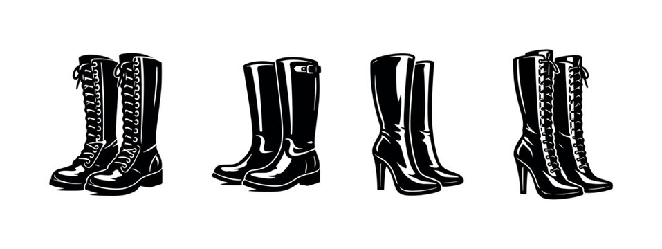 Set of black and white boot illustrations, fashion footwear, vector style silhouette elements