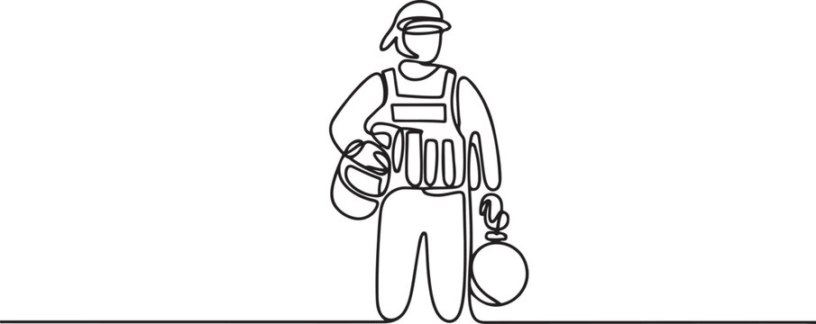 A man carrying a bomb and a gun. one line icon drawing vector