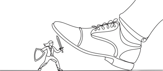 Obraz premium Single one line drawing young businesswoman fight to giant foot with shield and sword. Office worker against boss big shoe stomp. one line icon drawing vector