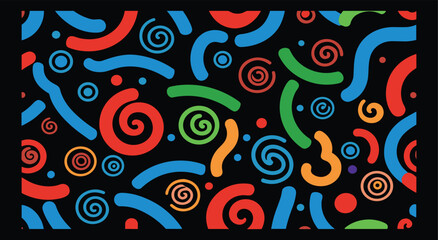 Fototapeta premium Abstract colorful Memphis seamless pattern vector with swirls and geometric shapes on black background, modern retro design