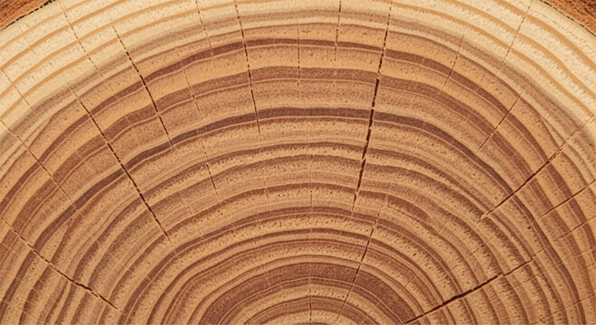 Wood grain cross section. Wood texture of cut tree. Closeup of tree trunk rings. 
