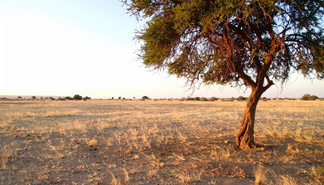 Single acacia tree standing in open desert plain at sunset, golden sand, wide horizon, minimal composition, realistic bark and foliage texture, soft warm lighting, ultra high resolution landscape phot