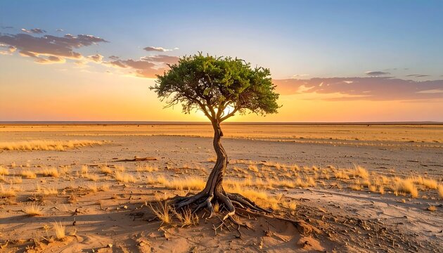 Single acacia tree standing in open desert plain at sunset, golden sand, wide horizon, minimal composition, realistic bark and foliage texture, soft warm lighting, ultra high resolution landscape phot