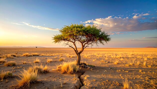 Single acacia tree standing in open desert plain at sunset, golden sand, wide horizon, minimal composition, realistic bark and foliage texture, soft warm lighting, ultra high resolution landscape phot