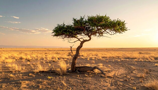 Single acacia tree standing in open desert plain at sunset, golden sand, wide horizon, minimal composition, realistic bark and foliage texture, soft warm lighting, ultra high resolution landscape phot