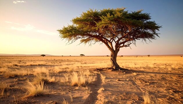 Single acacia tree standing in open desert plain at sunset, golden sand, wide horizon, minimal composition, realistic bark and foliage texture, soft warm lighting, ultra high resolution landscape phot