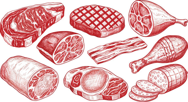 Vector illustration of assorted meat cuts, including steaks, bacon, sausages, and drumsticks, in a detailed red outline. Perfect for culinary or food-themed designs.