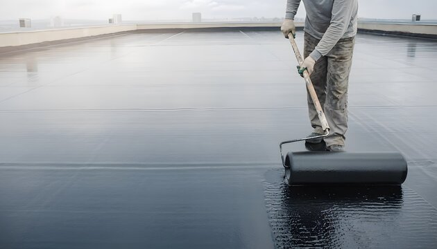 Waterproofing application on flat roof surface with gloved hand and roller positioned over black coating, depicting building maintenance protection and construction sealing process